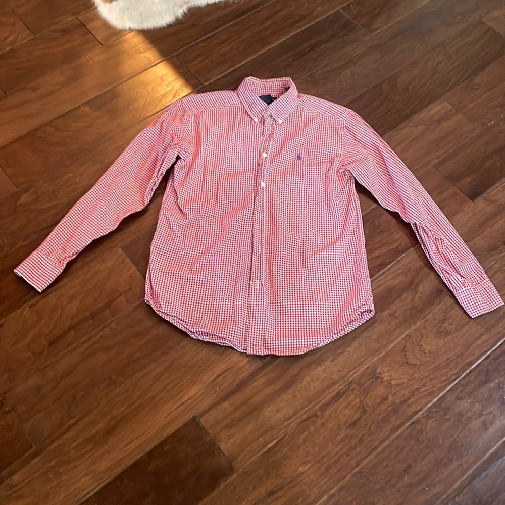 Boys Ralph Lauren long sleeve red gingham dress shirt.